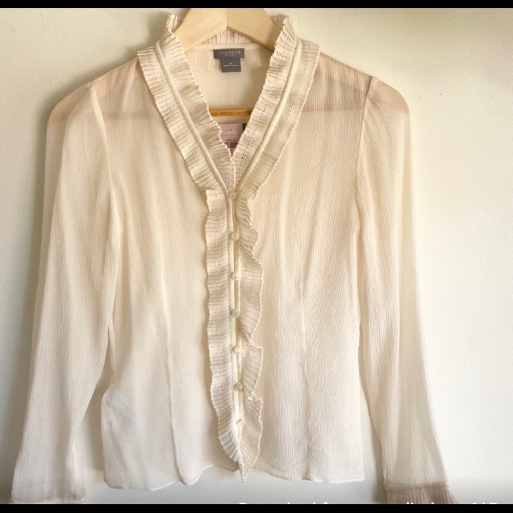 Ann Taylor Cream Ruffle-Front Blouse